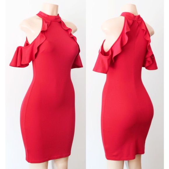 Maybe Wang Dresses & Skirts - Red Mock Neck Ruffle Cold Shoulder Bodycon Dress